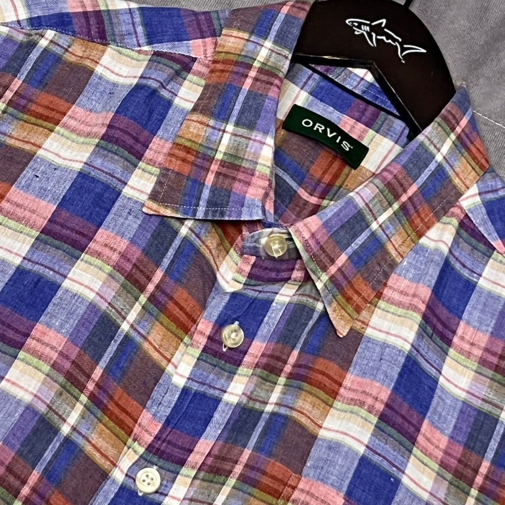 Orvis Plaid Button Down Shirt Mens Large Multicolor‎ Excellent 100% Linen Madras